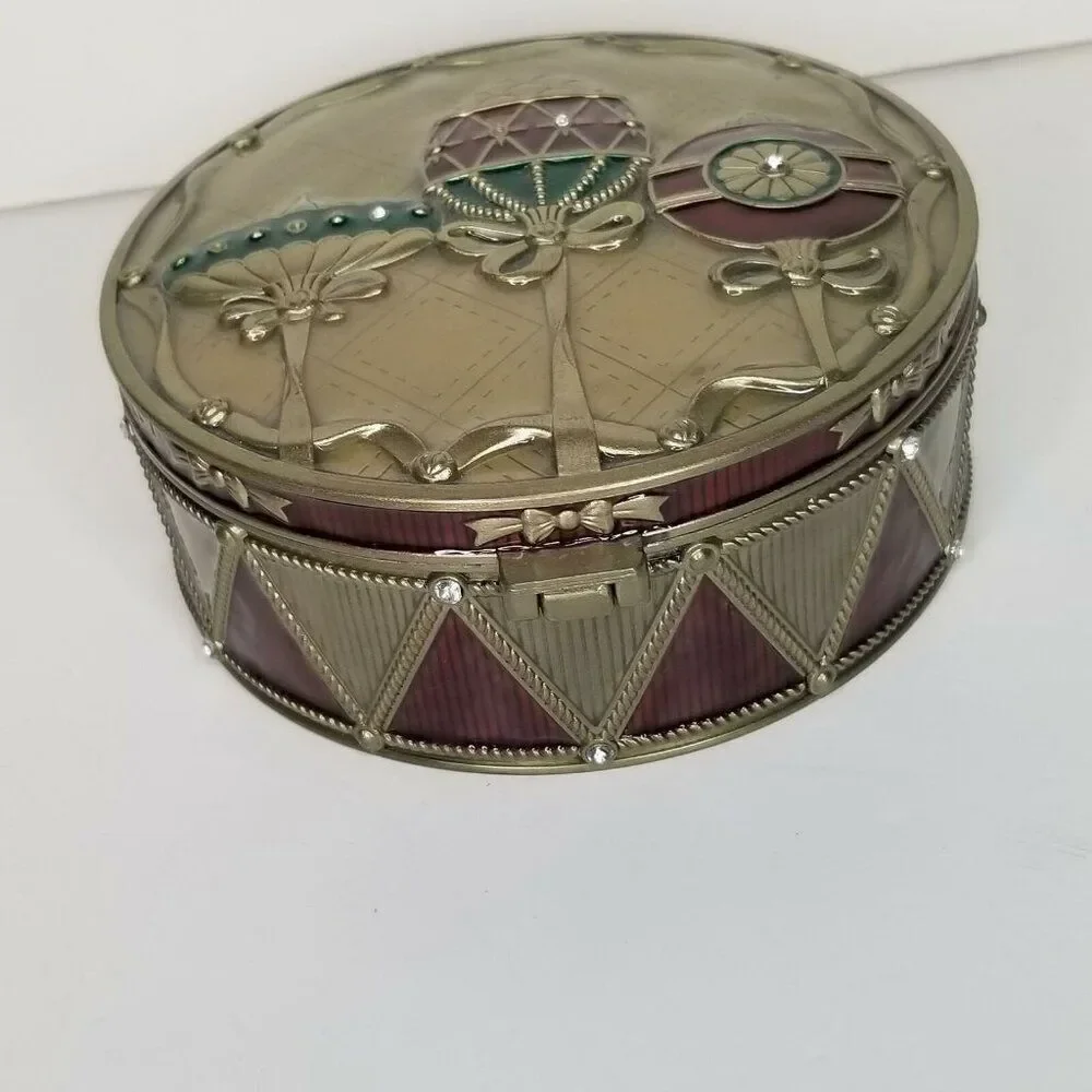 Mirrored Jewelry Box Christmas Red Gold Ornaments Black Velvet Enamel